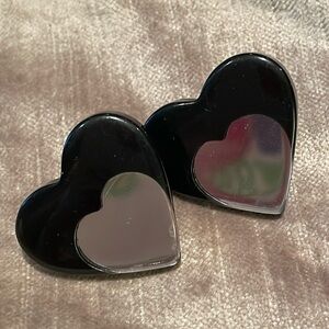 90’s Vintage Hear Earrings Mirrored Black and Silver